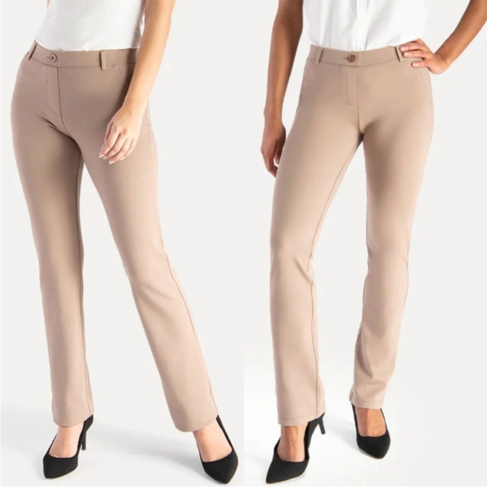 Betabrand classic bootcut yoga dress pants khaki twill, pull on, petite small